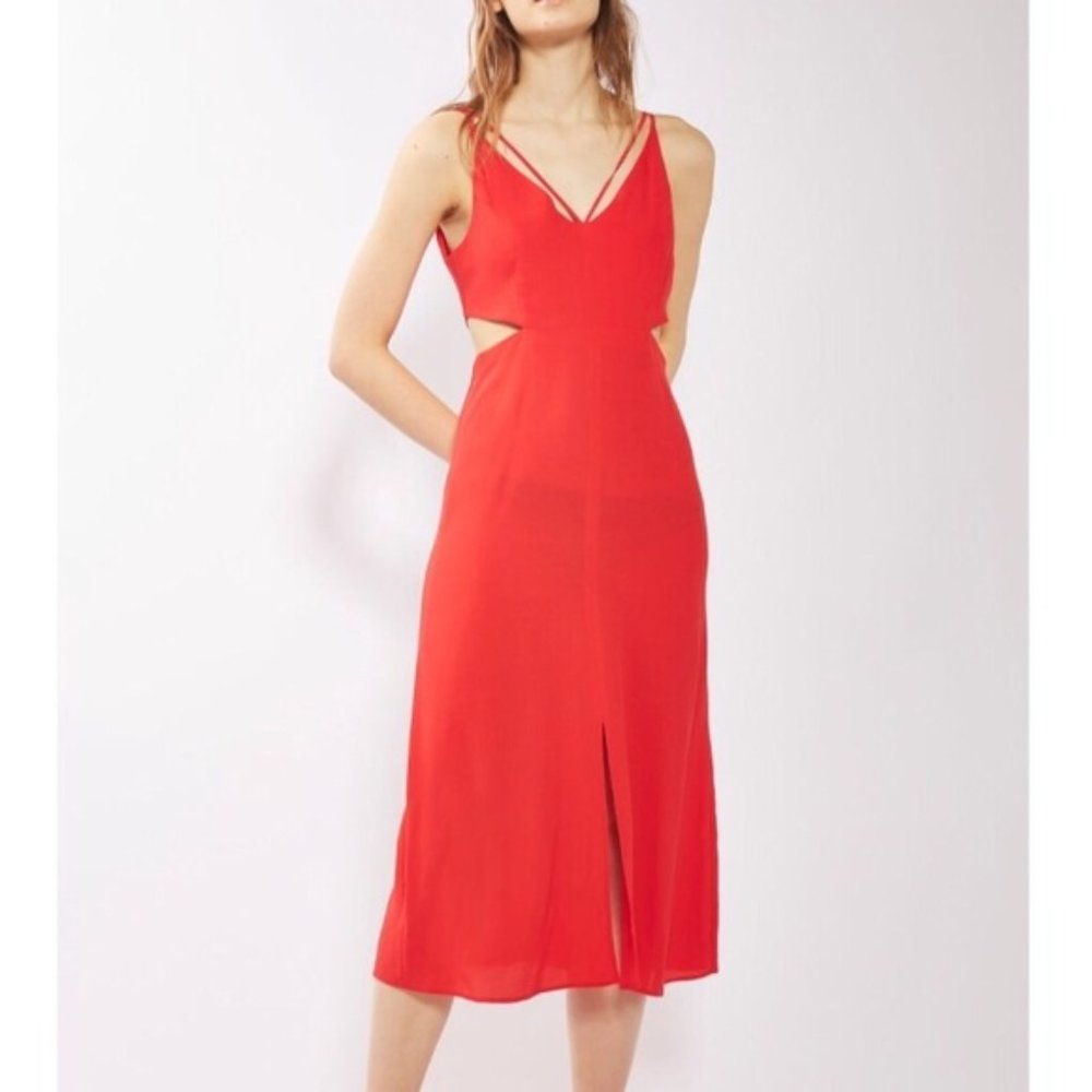 Topshop Cut Out Midi Dress in Red - LIKE NEW